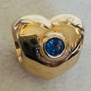 100% Genuine Pandora 14k Gold Puffed Heart Charm With Sapphire #750294SA
